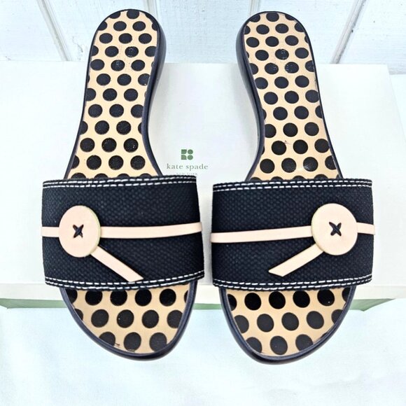 Kate Spade NEW "Toby" Black & Natural Canvas & Leather Slide Sandals NWT Sz 6B - Picture 2 of 7